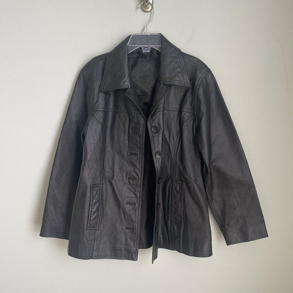 Vtg Jacqueline Ferrar Black Leather Jacket Y2K - Picture 1 of 7